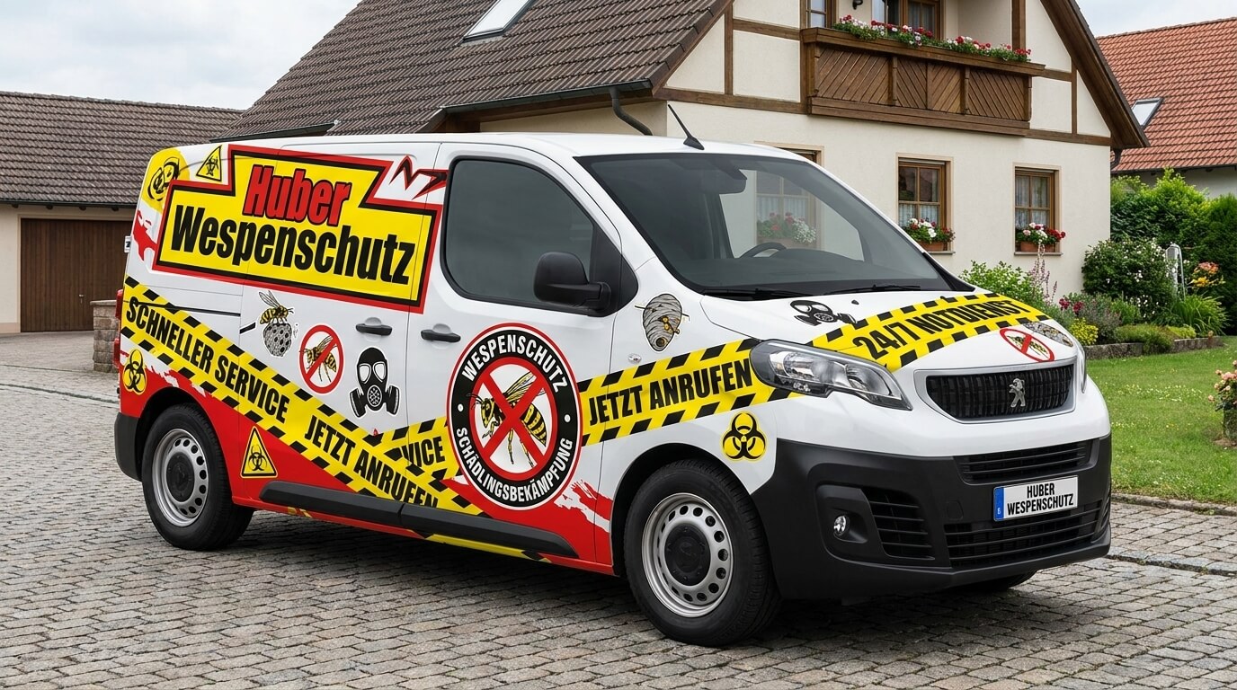 Servicefahrzeug von Huber Wespenschutz vor einem Wohnhaus